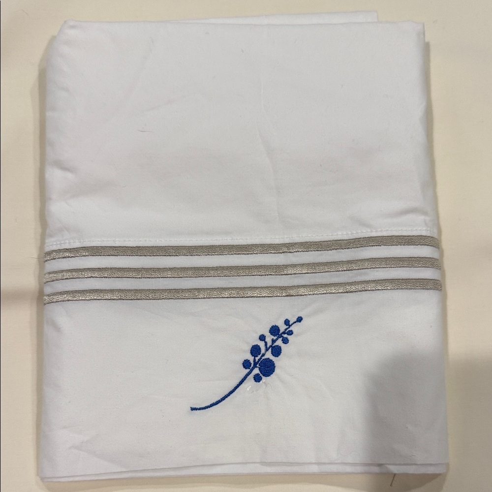 Pottery Barn White Fabric with Blue Stitching pillowcase just one embroidered